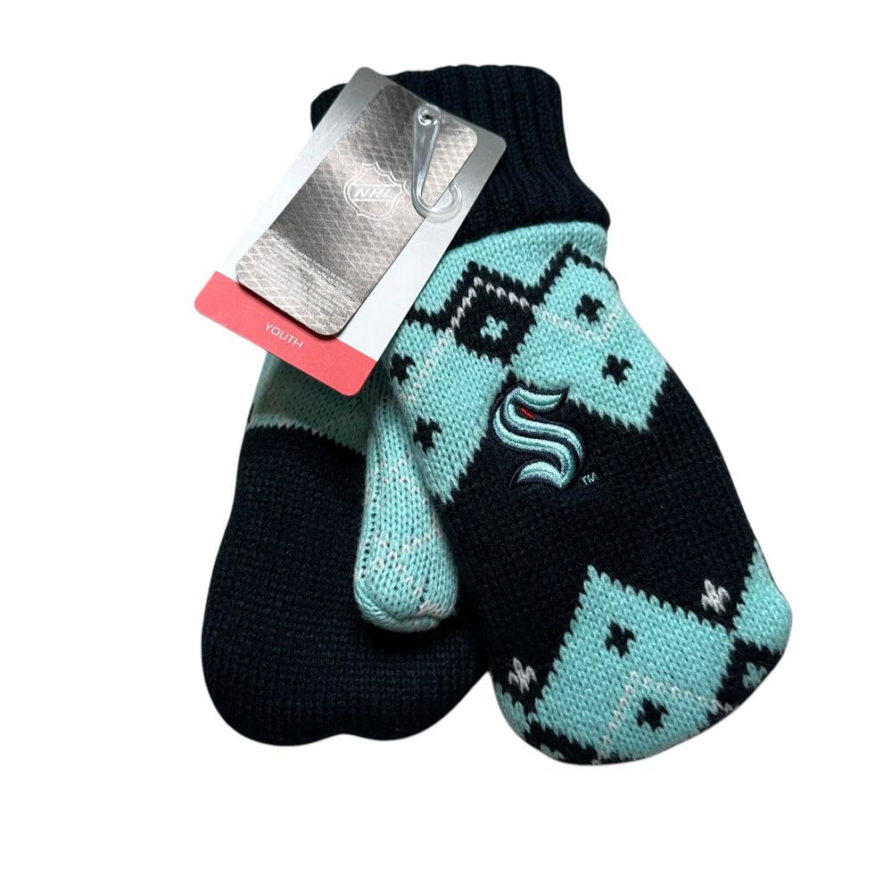 NHL SEATTLE KRAKEN Youth Mittens NWT Blue Hockey‎ Fair Isle Knit